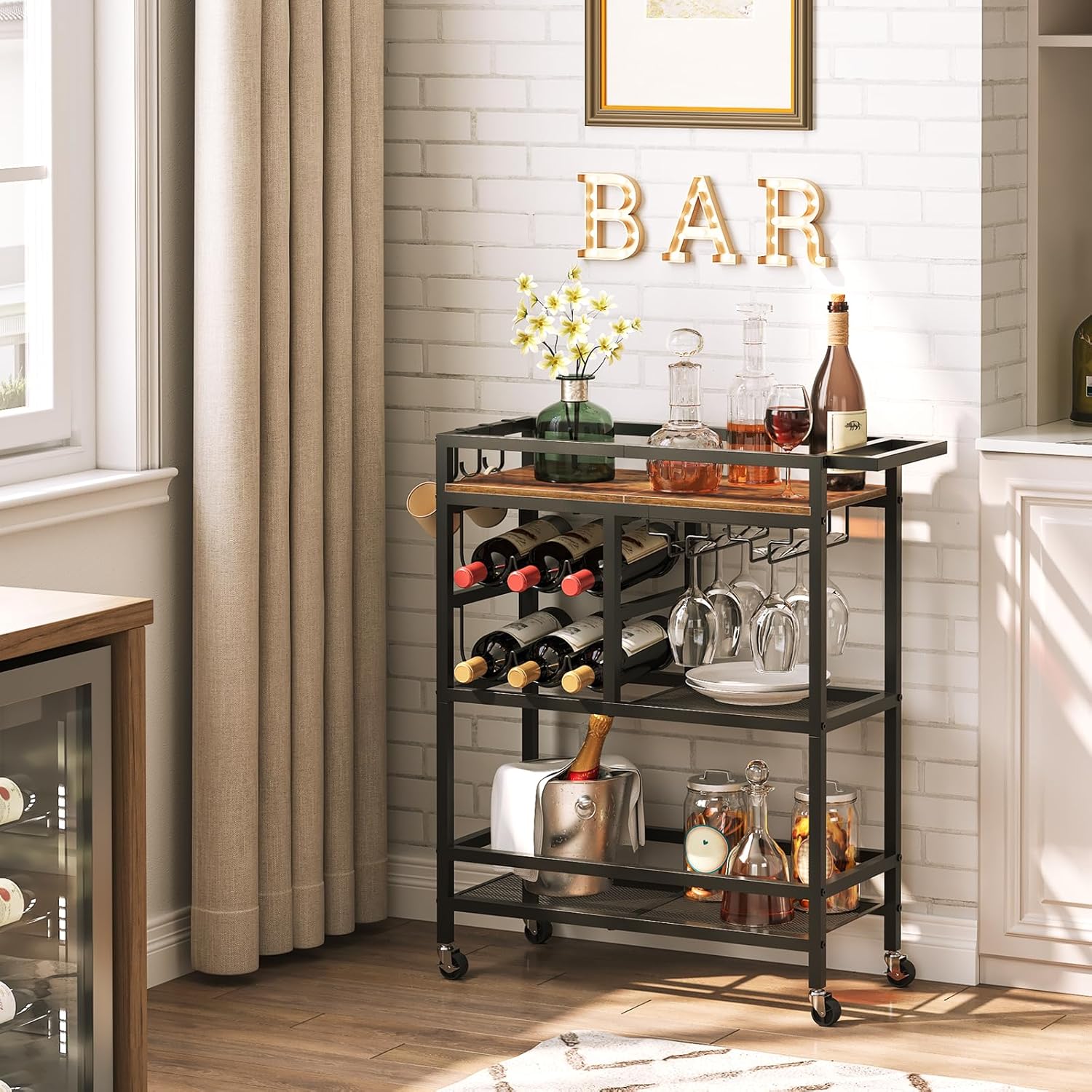 MAHANCRIS 3-tier serving cart with a push handle in a styled corner under BAR letters and a round mirror