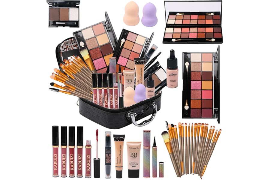 MTDXILTAI All in One Makeup Kit – 2X14 Eyeshadow Palette, Liquid Foundation, Eyeliner Pencils, Contouring Stick, Lip Gloss, 20Pcs Makeup Brushes (Black)