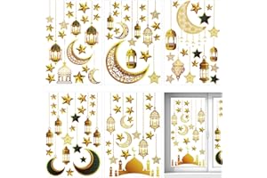 Ramadan Window Clings, Eid Mubarak Window Stickers Decorations Mosque Moon Star Lantern Static Cling for Home Party Supplies 