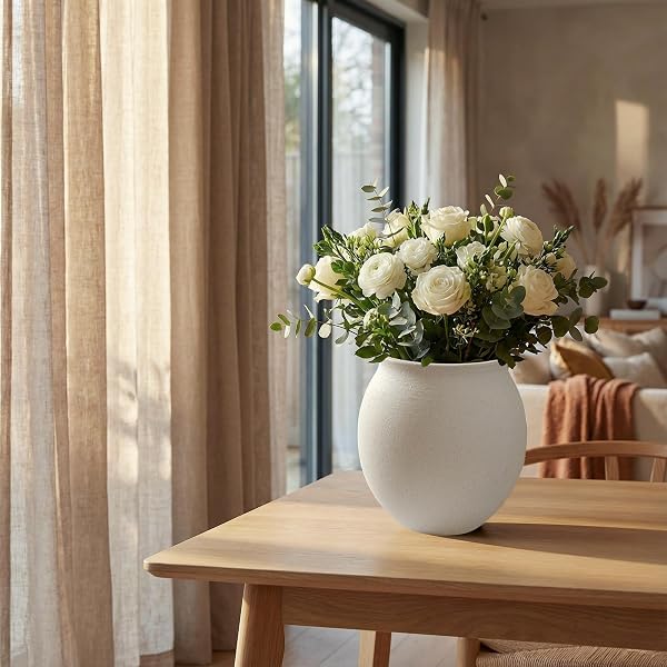 KAYOLIN ROUND WIDE MOUTH WHITE CERAMIC VASE -9.7″ LARGE FLOWER POT WITH DRAINAGE HOLE FOR INDOOR PLANTS, GRAVEL TEXTURED CREAM WHITE VASE & PLANTER FOR HOME DECOR