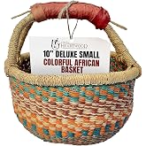 Africa Heartwood Project - Deluxe Colorful African Basket with Leather Handles - Handmade from dried Elephant Grass, Hand-Woven by Women in Bolgatanga, Ghana - Small 10" Round (Flat-packed)