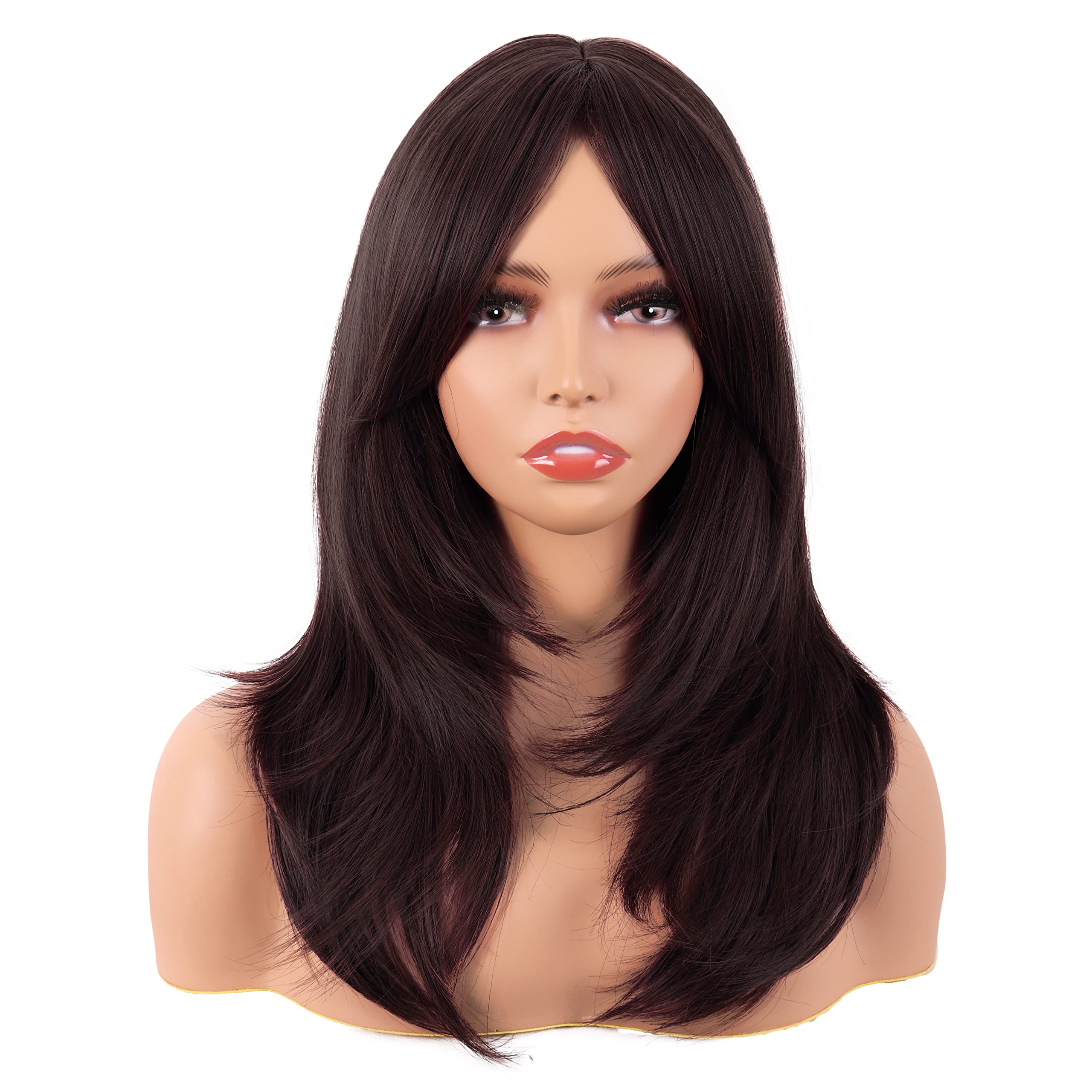 MapofBeauty 20 Inch/50 cm Long Layered With Bangs Straight Synthetic fiber Shoulder Length Hair for Daily Use or Party Wig (Dark Brown) — image 1
