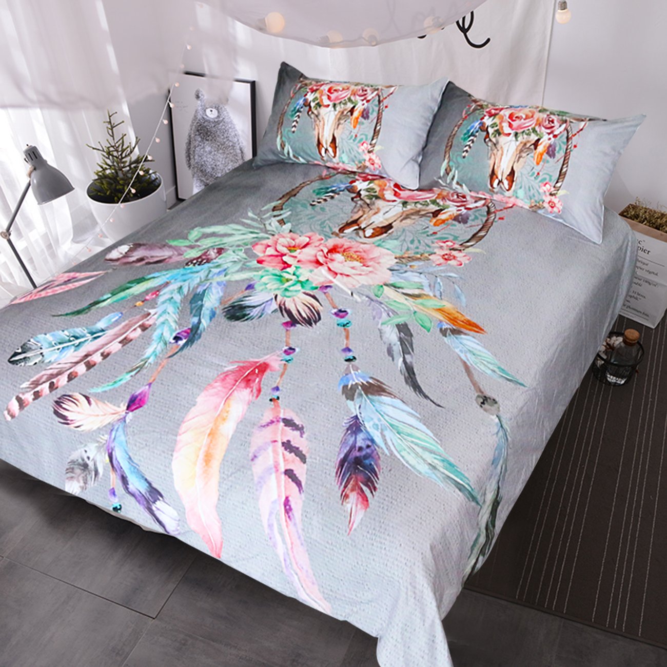 Blessliving Buffalo Skull with Feathers Dreamcatcher Bedding Southwestern Boho Chic Duvet Cover Colorful Tribal Bed Set (Queen, Light Gray)