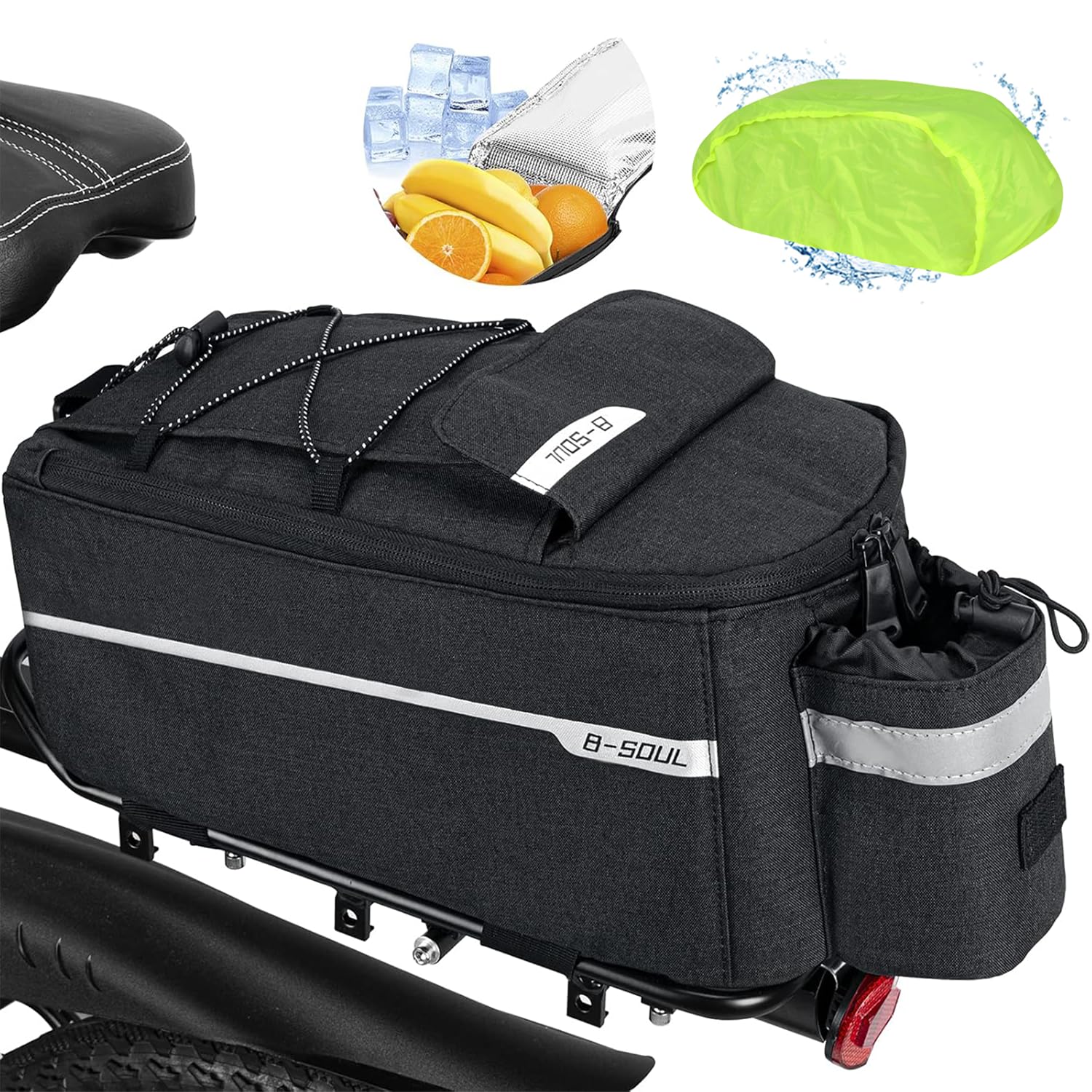 FINEW Bicycle Pannier Rack Bag 10 L Insulated Cooler Bag Pannier Bag Multifunctional Rear Luggage Bag Waterproof Rear Seat Bag with Rain Cover Reflective, Quick Removable,Black