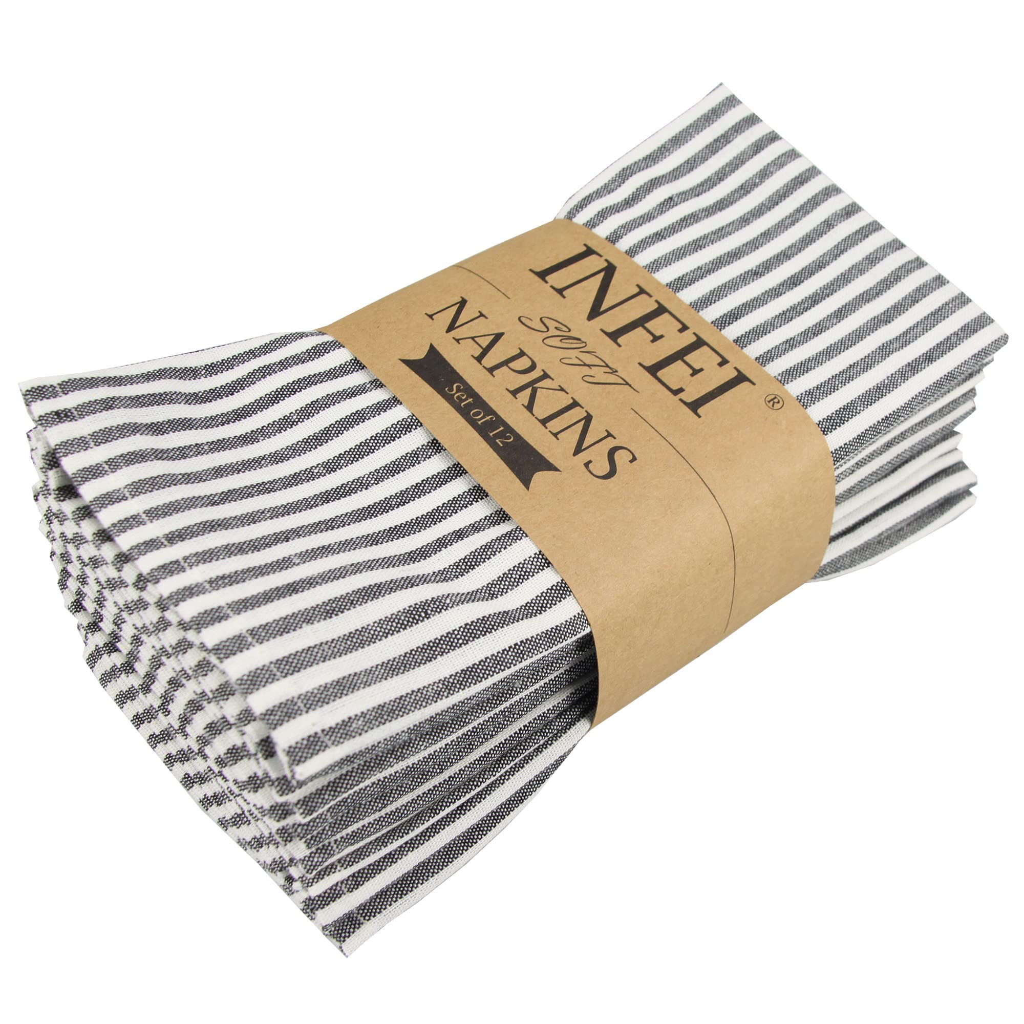 INFEI Plain Striped Cotton Linen Blended Dinner Cloth Napkins - Set of 12 (40 x 30 cm) - for Events & Home Use (Black)