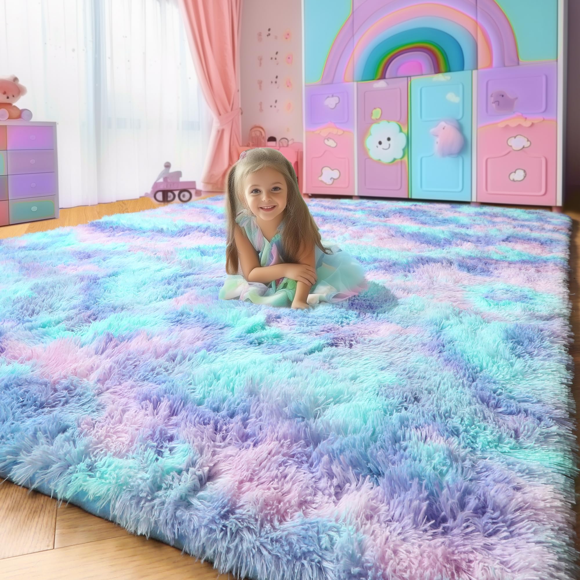 Photo 1 of Amdrebio Purple Rainbow Rugs for Bedroom Girls Room Decor, Soft Fluffy Cute Area Rug 4x6 for Kids Room Playroom Nursery Dorm, Mermaid Stitch Frozen Fuzzy Carpet, Plush Kawaii Furry Baby Toddler Rug
