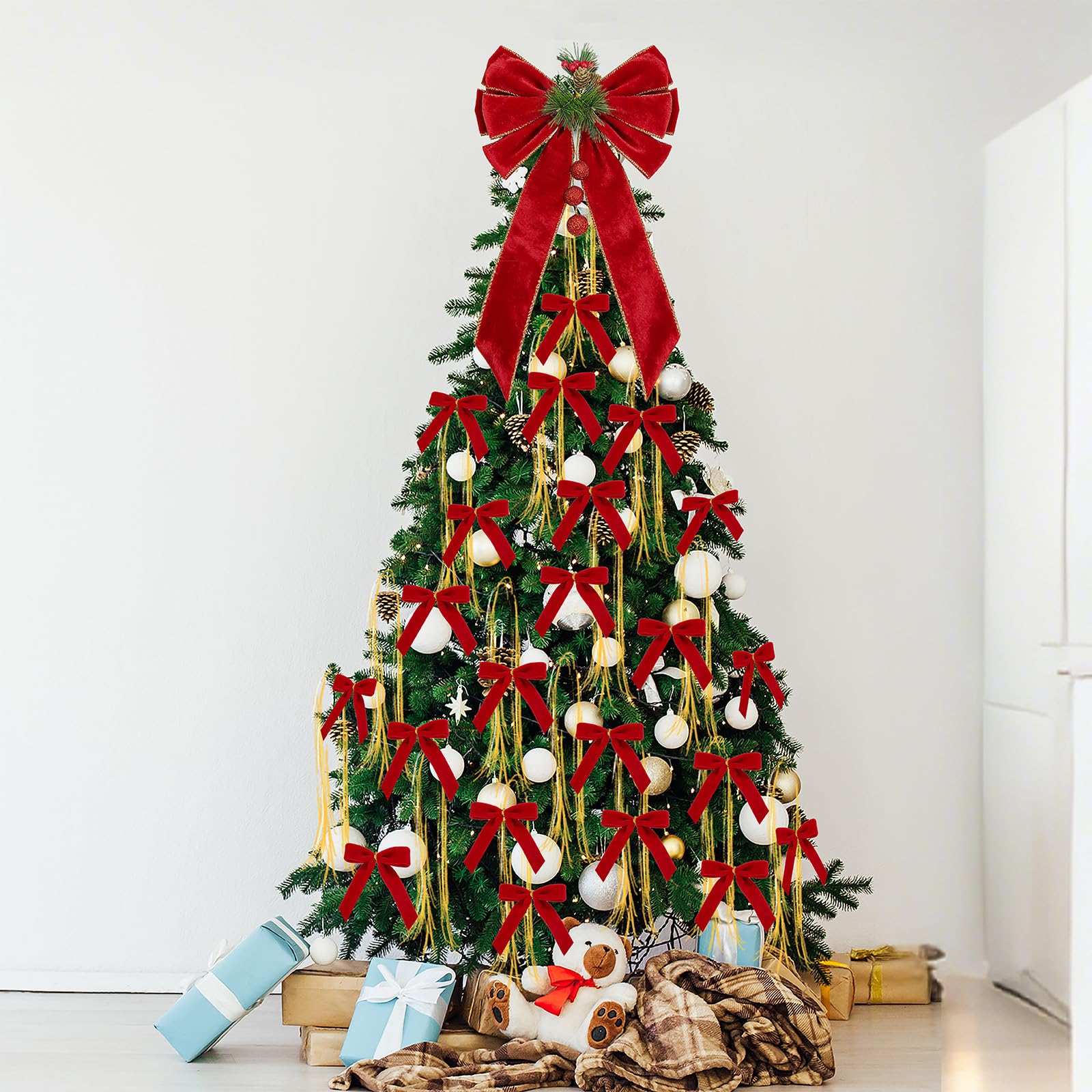 Photo 1 of 31Pcs Red Velvet Ribbon Bows and Large Christmas Tree Topper Bow with 3000 Gold Tassels, Vintage Rustic Small Craft Bows Ornaments for Garland Wreath Gift Wrapping Candy Bags Party DIY Decorations