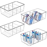 Vtopmart 4 Pack Food Storage Organizer Bins, Clear Plastic Bins for Pantry, Kitchen, Fridge, Cabinet Organization and Storage, 4 Compartment Holder Packets, Snacks, Pouches, Spice Packets