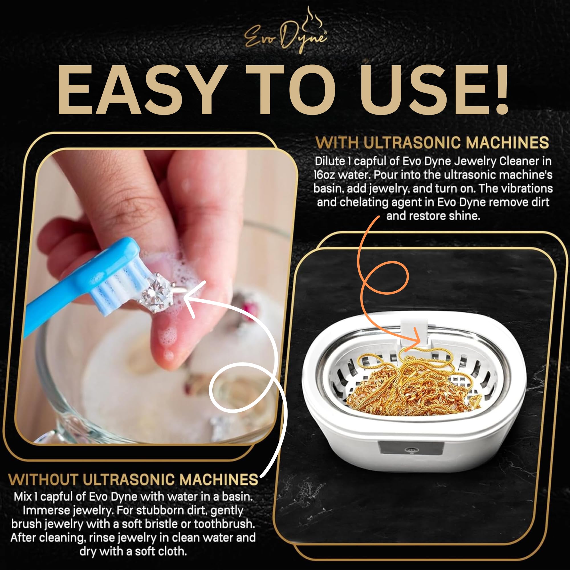 Ultrasonic Jewelry Cleaner Solution (16oz) Concentrated Jewelry Cleaner for Diamonds, Gold, Silver & More | Compatible with Ultrasonic Machine (s) - Made in USA