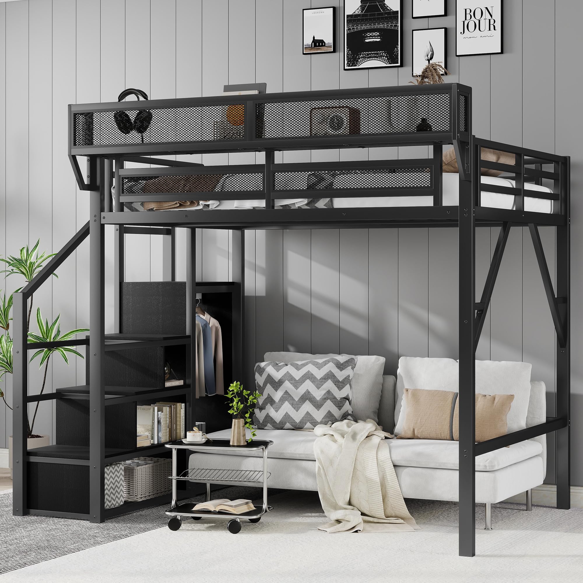 Photo 1 of ** NEW ** KEIKI Full Size Metal Loft Bed Frame with Convertible Staircase, Built-in Storage Shelves and Wardrobe, Loft Bed with Solid Slats, Guardrail, No Box Spring Required, Easy Assembly, for Bedroom, Black