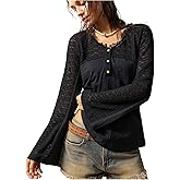 RoseSeek Women's Lace Patchwork Button Down T Shirts Crew Neck Long Sleeve Fall Tops