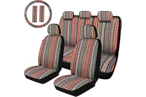 AKAUTO Baja Saddle Blanket Car Seat Covers Full Set with Seat Belt Pads and Steering Wheel Cover, Universal Colorful Striped Woven Interior Cover for Sedan, SUV, Truck, Airbag Compatible