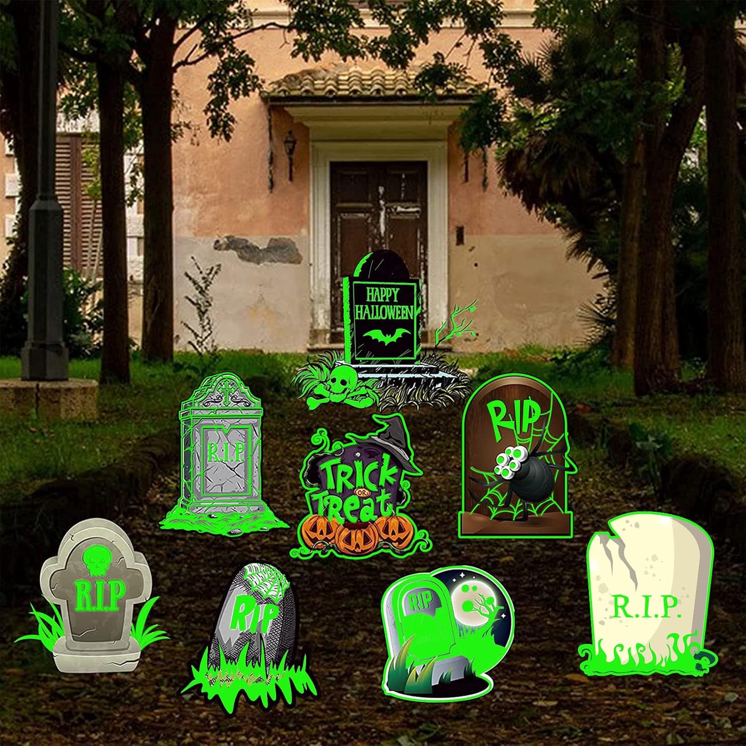 Yard Signs - Halloween Fluorescence Graveyard Tombstones Yard Signs with Stakes,Halloween Pumpkin Trick or Treat Decorations Outdoor- Set of 8,Scary Tombstones Yard Decortions for Halloween.