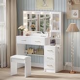 TOKSOM Makeup Vanity with Lights &amp; Charging Station, White Vanity Table with 5 Drawers &amp; Open Storage Shelves, Bedroom Makeup Dressing Table Set for Women Girls