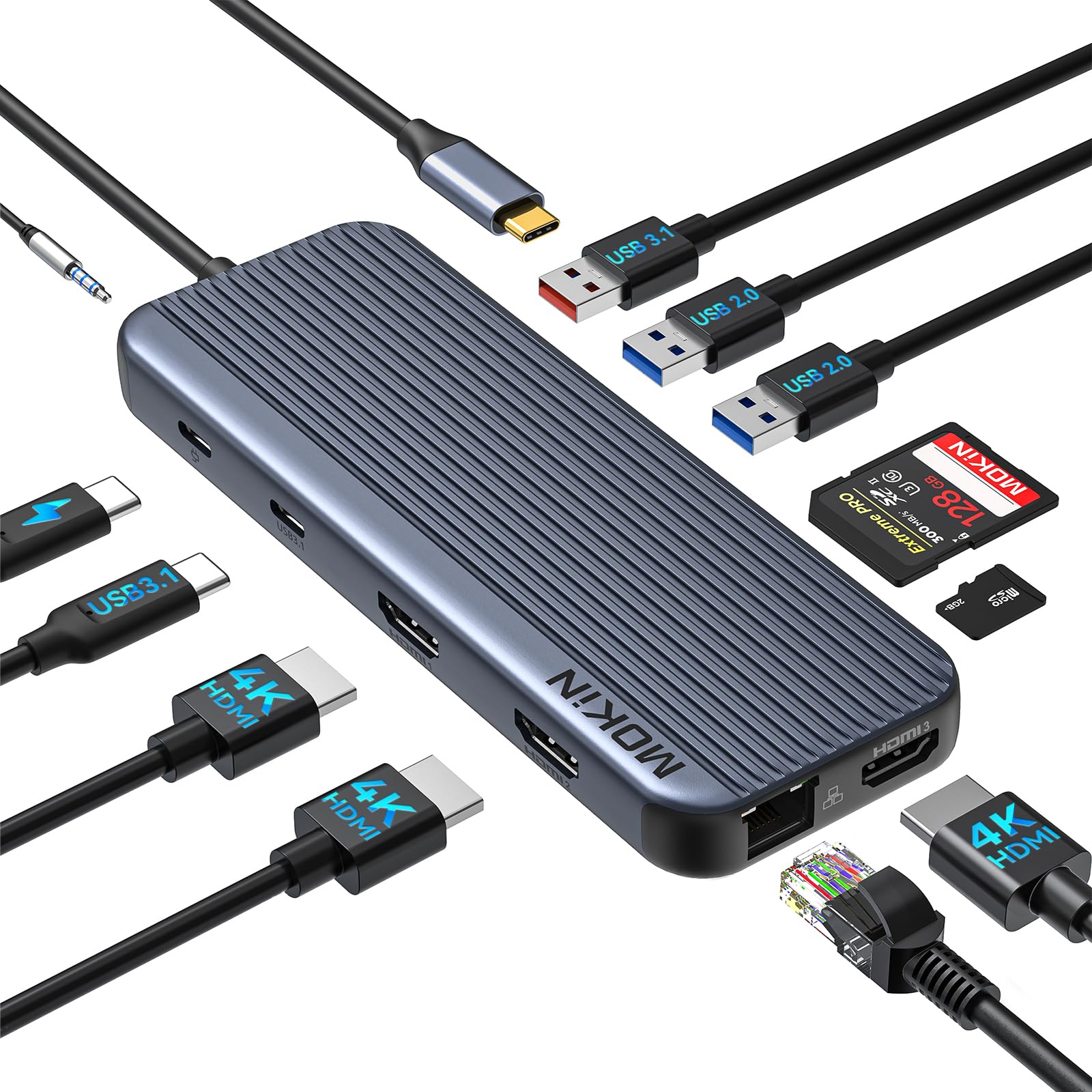 USB C Docking Station 3 HDMI, 12 in 1 Triple Monitor Display, Laptop Docking Station Dual Monitor Laptop Dock 3 HDMI Adapter with USB A/C 3.1, 100W PD, Ethernet, Audio, SD/microSD for Dell HP ASUS