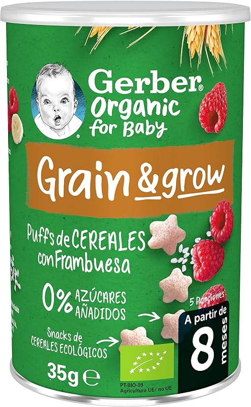 GERBER Folhados Orgânicos de Framboesa e Banana, Petisco de Cereais para Bebés, Latas 5x35g, a partir dos 8 meses — foto 2 de 8