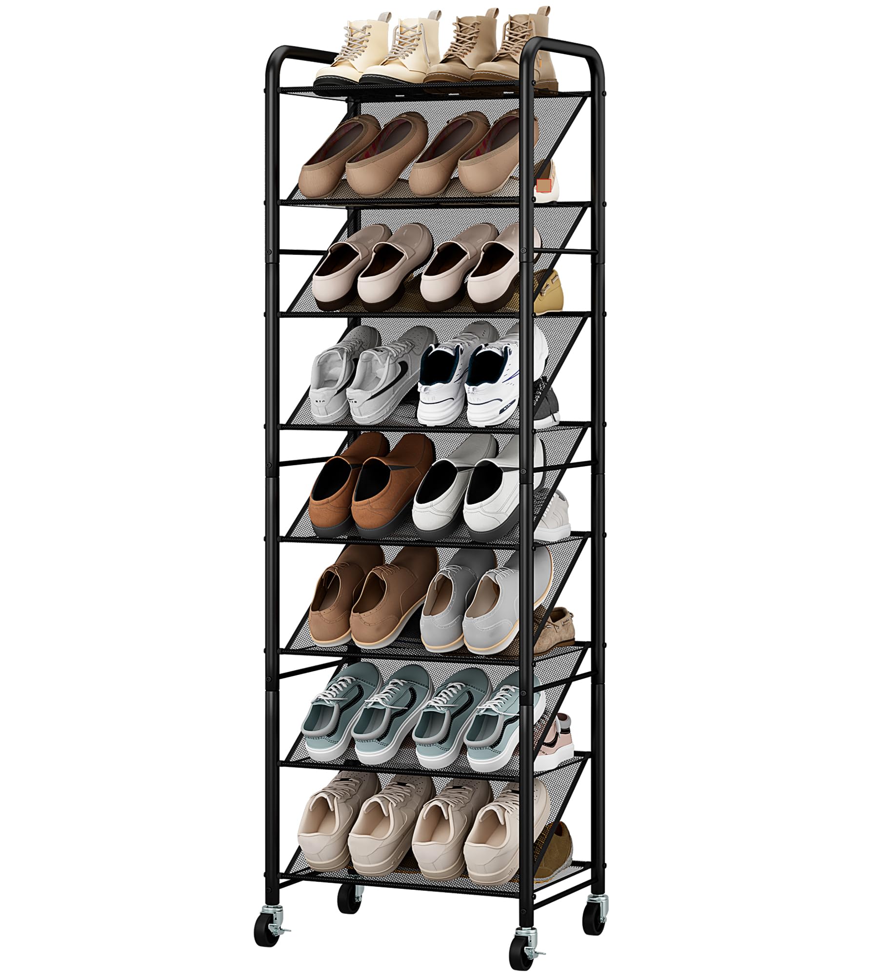 Photo 1 of STO STO 8-Tier Narrow Shoe Rack with Wheels, Double-Sided Vinyl Mesh Shelf Shoe Organizer for Up To 30 Pairs, Slim Space Saving Metal Shoe Storage with Lockable Wheels for Entryway, Closet, Hallway
