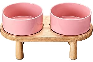 MOPANG Ceramic Elevated Dog Bowls, Pet Food and Water Bowl Set for Large Dogs, 7.5 Cups Dog Bowls Raised with Wood Stand, 61OZ, Pink