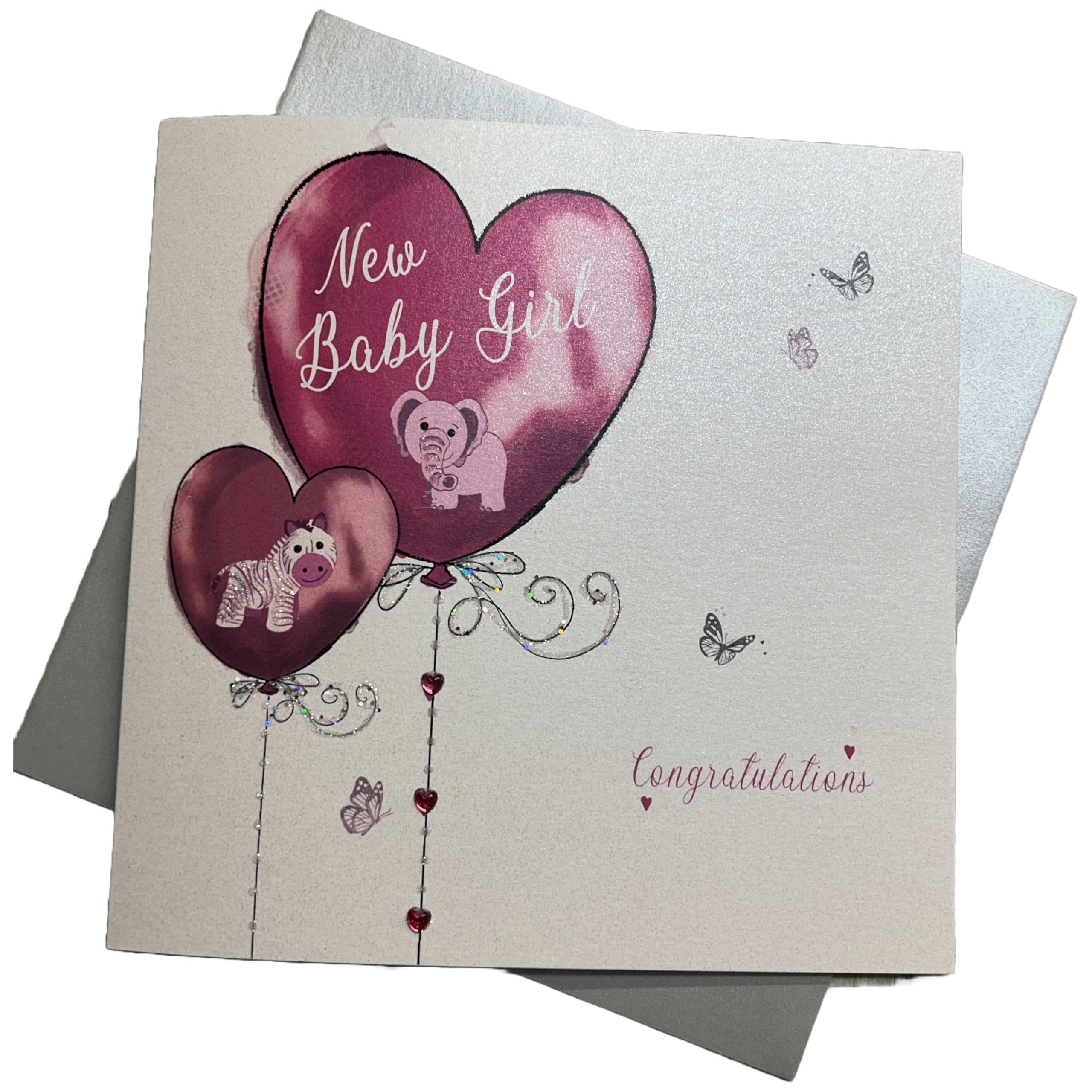 WHITE COTTON CARDS Girl Congratulations, Handmade Large New Baby Card (Pink, Toys)