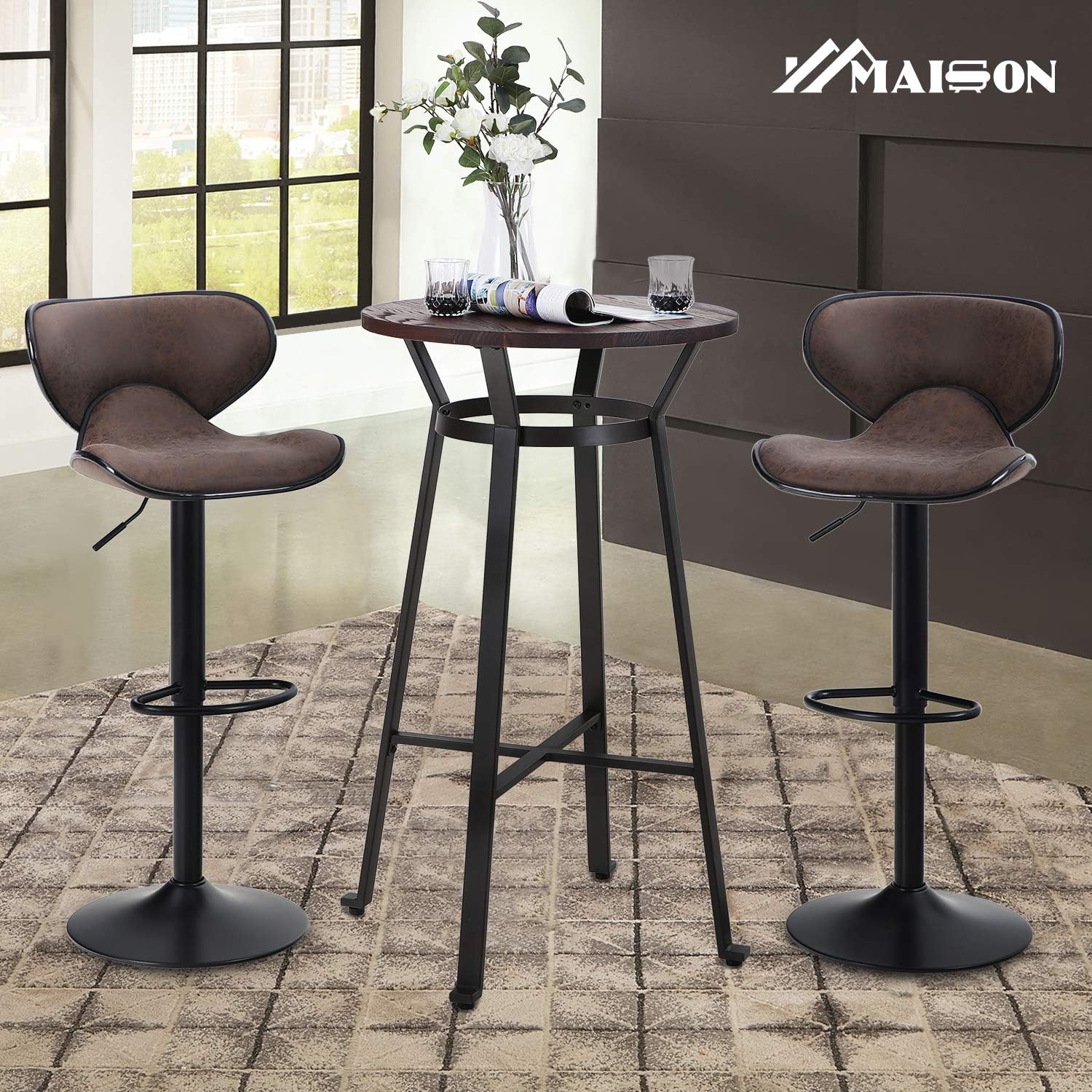 MAISON ARTS Counter Height Bar Stools Set of 2 Swivel Adjustable Barstools with Back for Kitchen Counter Tall Bar Height Chairs Faux Leather High Stools for Kitchen Island,300 LBS Bear Capacity,Brown: Kitchen & Dining