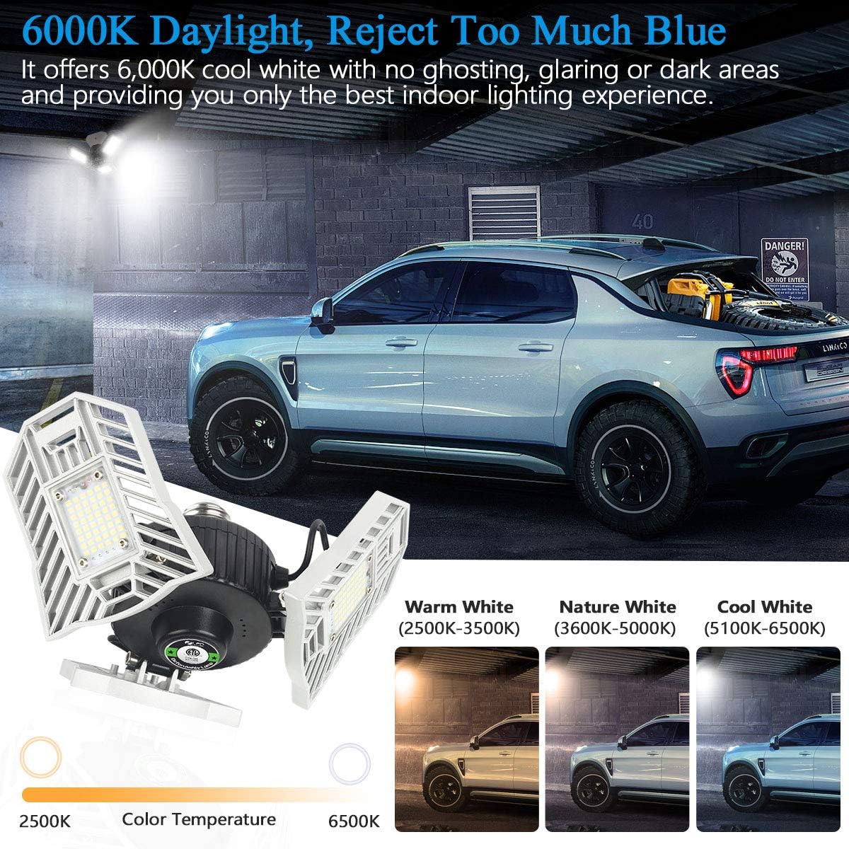 Garage Lights Led Deformable Garage Light Ceiling LED 60W 6000Lumen Flexled Garage Light Tribrite Led Adjustable Light with 3 Panel Led Shop Lights for Garage Ceiling Basement Workshop - - 