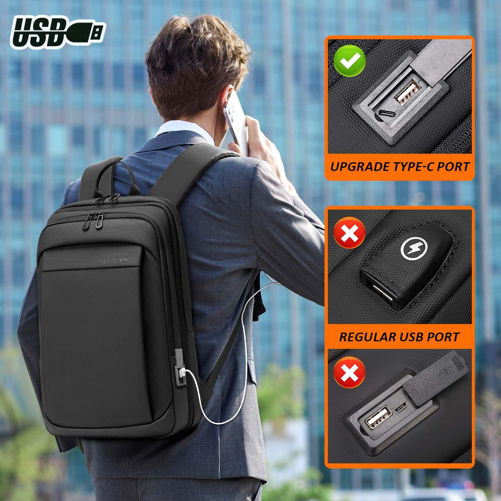 FENRUIEN Work Backpack for Men, Water Resistant Expandable Backpack with USB C Charging Port, Black 15.6 Laptop Backpack