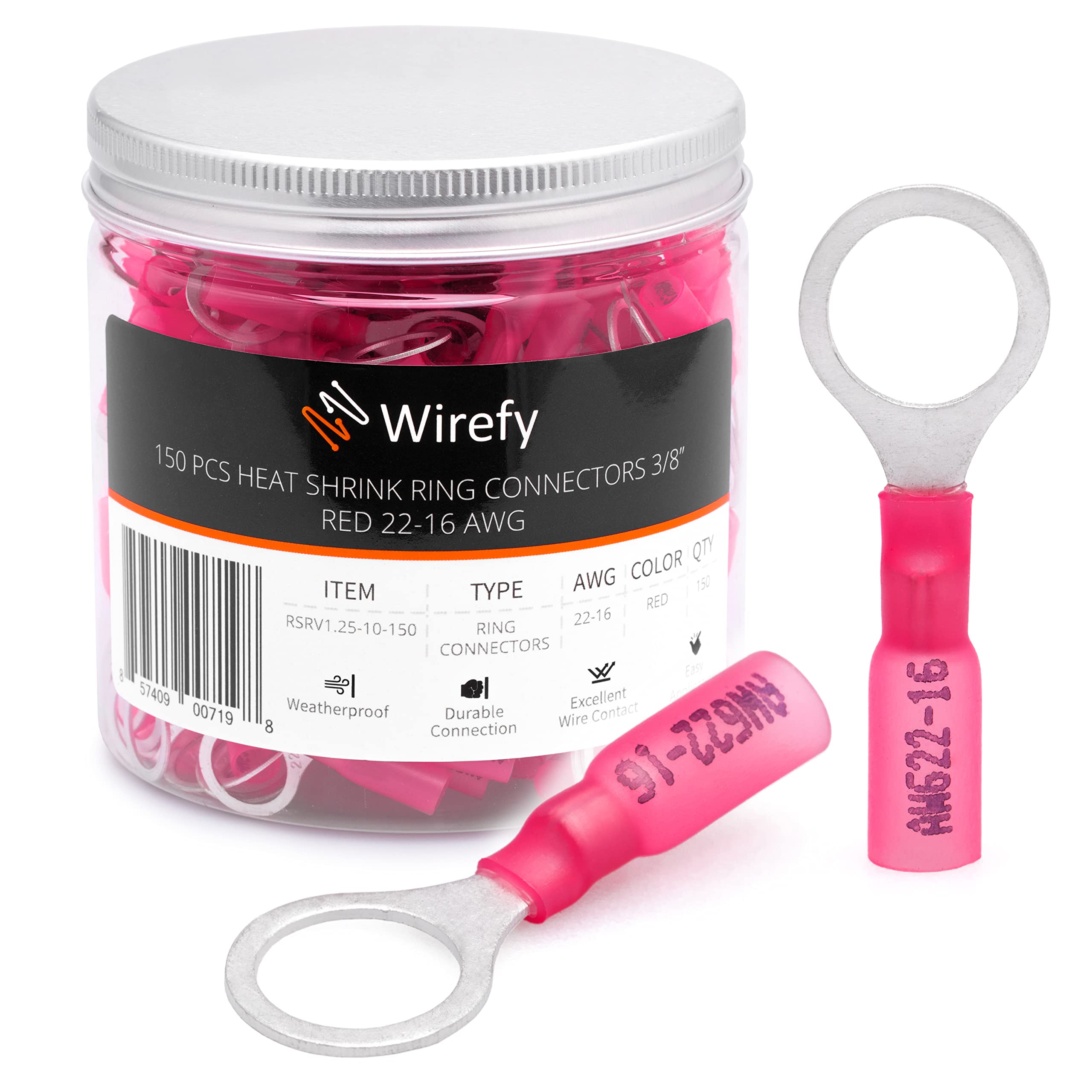 Wirefy Heat Shrink Ring Terminals 3/8" - Marine Grade Terminal Connectors - Waterproof Eyelet Wire Connectors - Red 22-16 AWG - 150 PCS