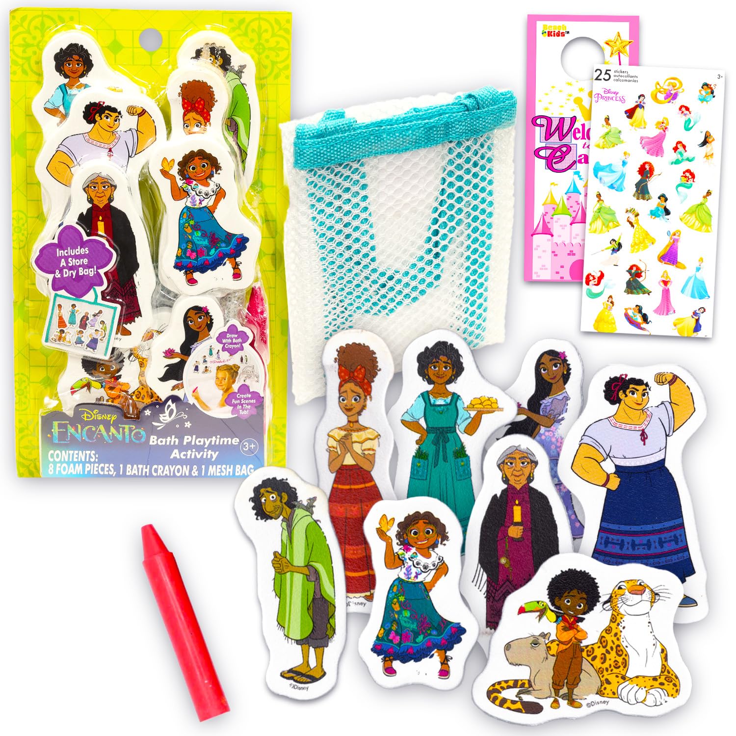 Photo 1 of Encanto Bathtub Toys for Kids, Girls - Disney Bath Playtime Bundle with 8 Foam Pieces, Crayon, Mesh Storage Bag, Stickers, and More | Disney Encanto Bath Toys Pack