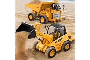 Ruko 1560 Construction Toy Set, Remote Control Dump Truck and Front Loader, 9 Channel RC Vehicles with Realistic Lights for Outdoor Sandbox Play, Gifts for Kids
