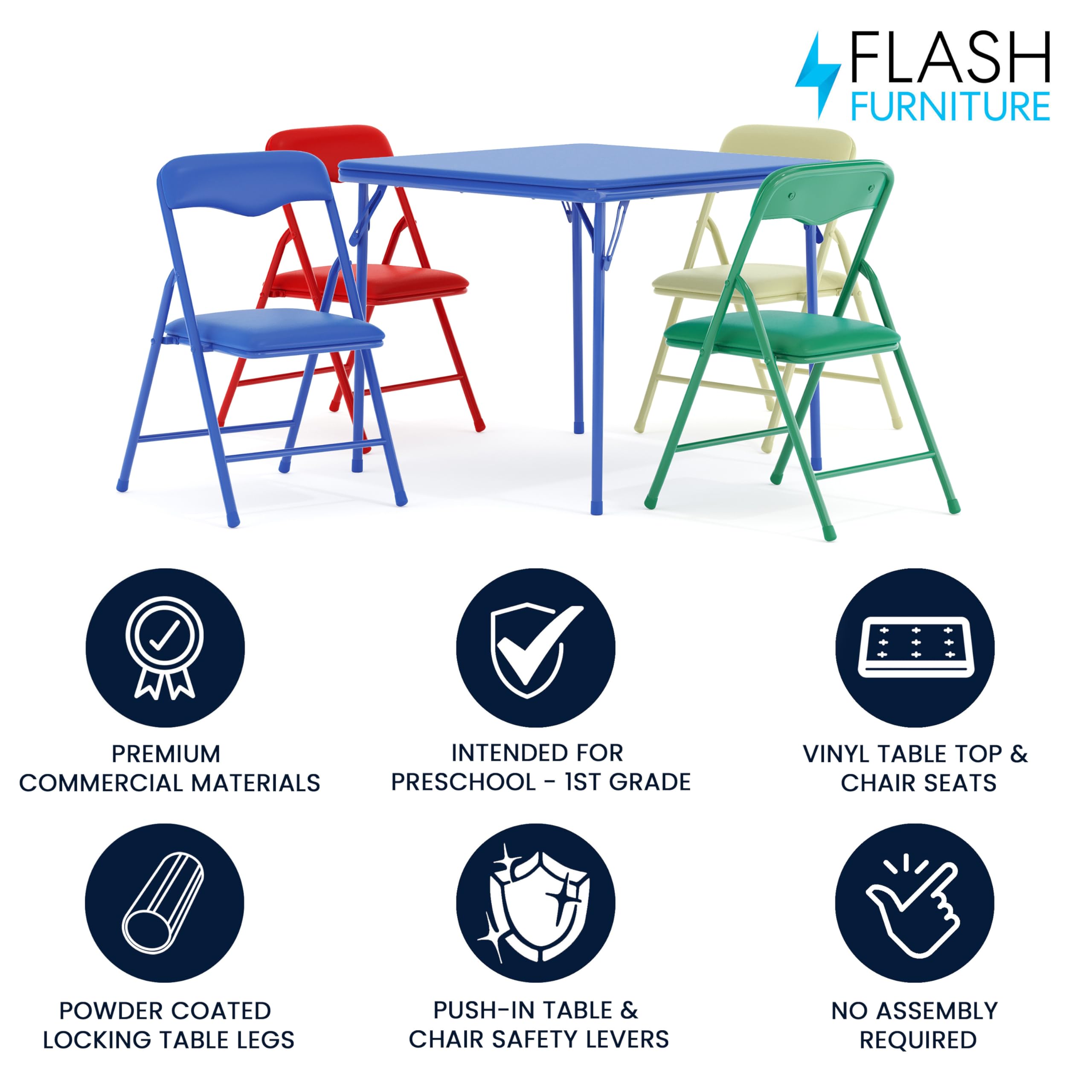 Flash Furniture Mindy Kids 5-Piece set Folding Square Table and Chairs Set for Daycare and Classrooms, Children's Activity Table and Chairs Set, Multicolor