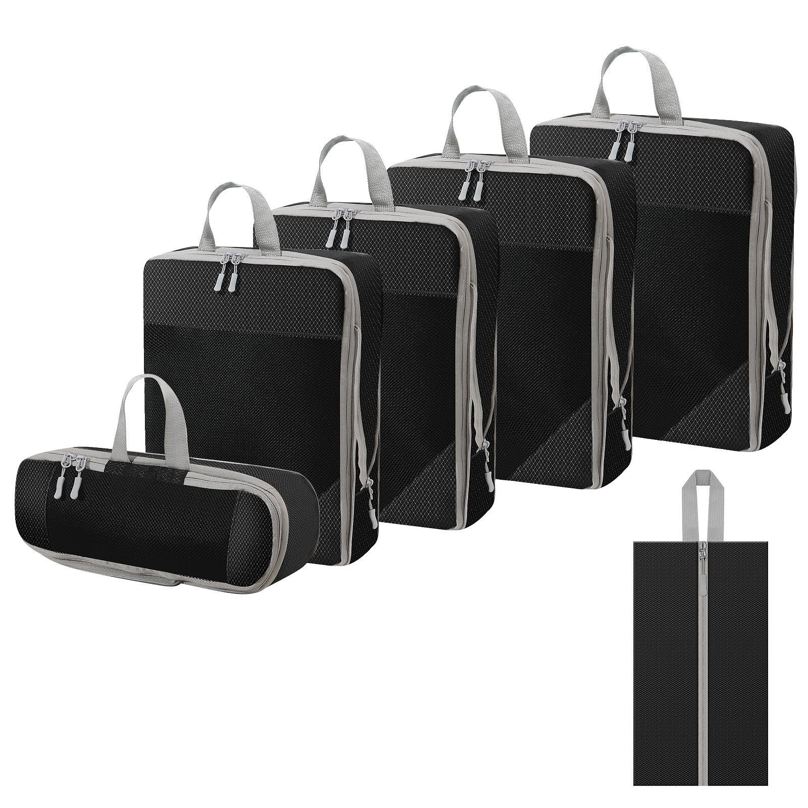 WOOMADA Compression Packing Cubes for Suitcases Travel Essentials 6 Set Rectangle Mesh Expandable Travel Bags Organizer for Luggage(Charcoal)