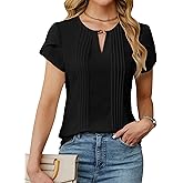 Blooming Jelly Womens Dressy Casual Blouse Trendy Summer Petal Short Sleeve Tops Work Blouses Pleated Keyhole Shirts