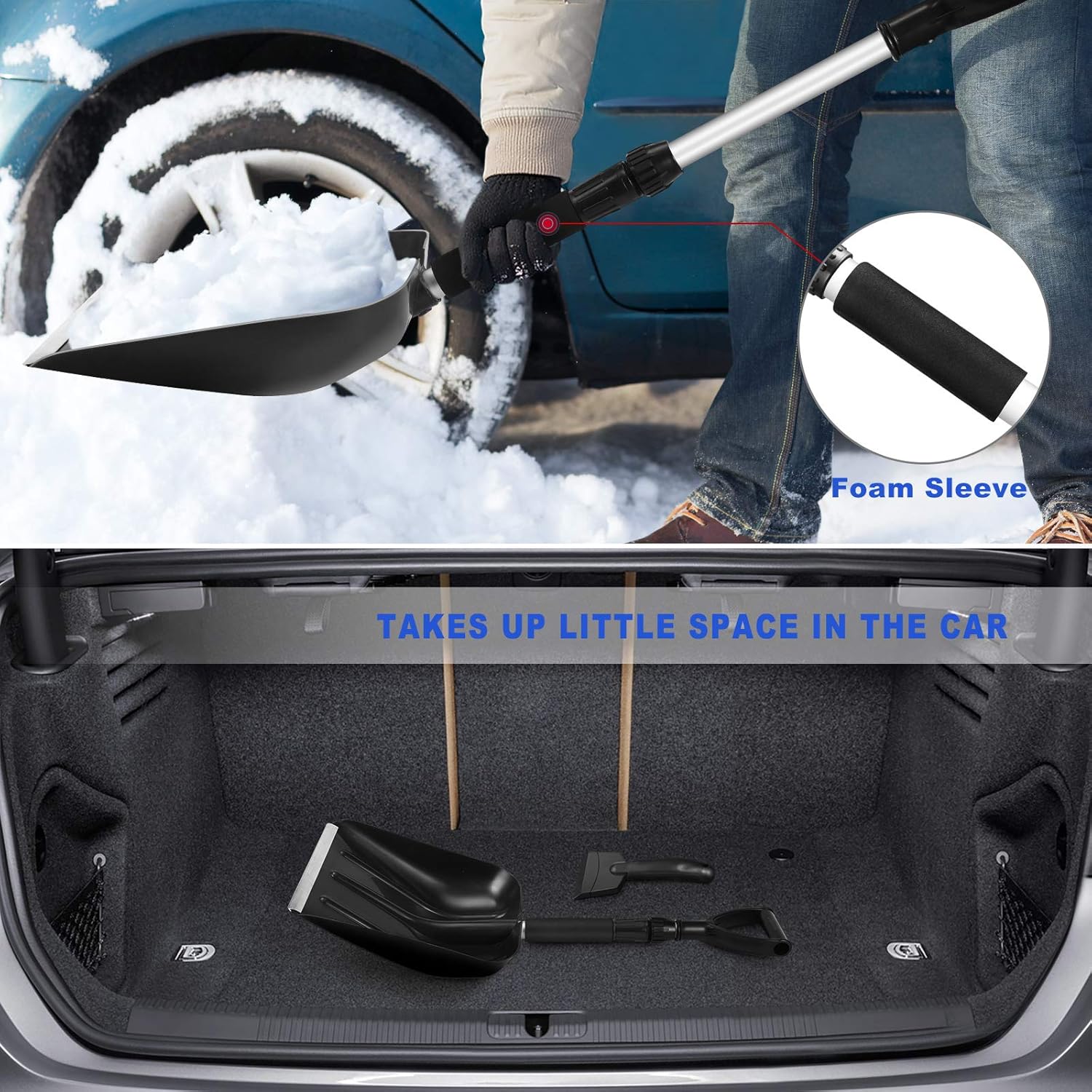 Snow Shovel for Car, Portable Snow Shovel with Adjustable Handle and