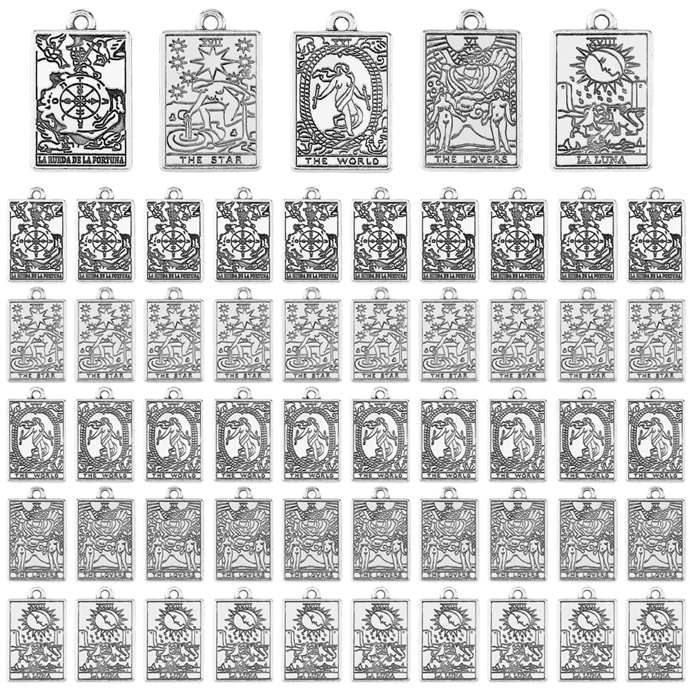 DICOSMETIC 50Pcs 5 Styles Antique Silver Tarot Card Charm Rectangle Wheel Of Fortune/The Lovers/World/Moon/Star Zinc Alloy Dangle for Jewelry Craft Making, Hole: 1.8mm, (FIND-DC0001-45-EU33)