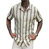 WDIRARA Men's Striped Button Down Shirts Short Sleeve Collared Tops Leisure Vacation