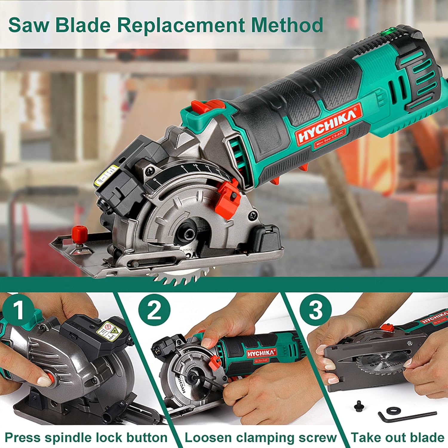 Mini Circular Saw, HYCHIKA Compact Circular Saw Tile Saw with 3 Saw Blades 4A Pure Copper Motor, 3-3/8”4500RPM Ideal for Wood, Soft Metal, Tile and Plastic Cuts, Laser Guide, Scale Ruler - - 