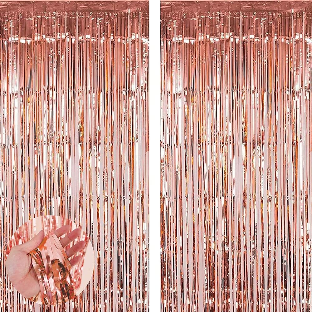 Aisszhao 2 Packs Rose Gold Tinsel Foil Curtain Backdrop 3.2ft x 6.5ft
