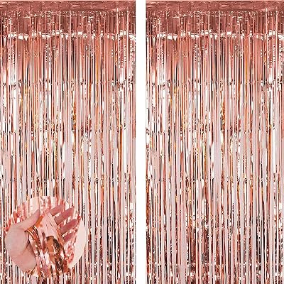 Aisszhao 2 Packs Rose Gold Tinsel Foil Curtain Backdrop 3.2ft x 6.5ft