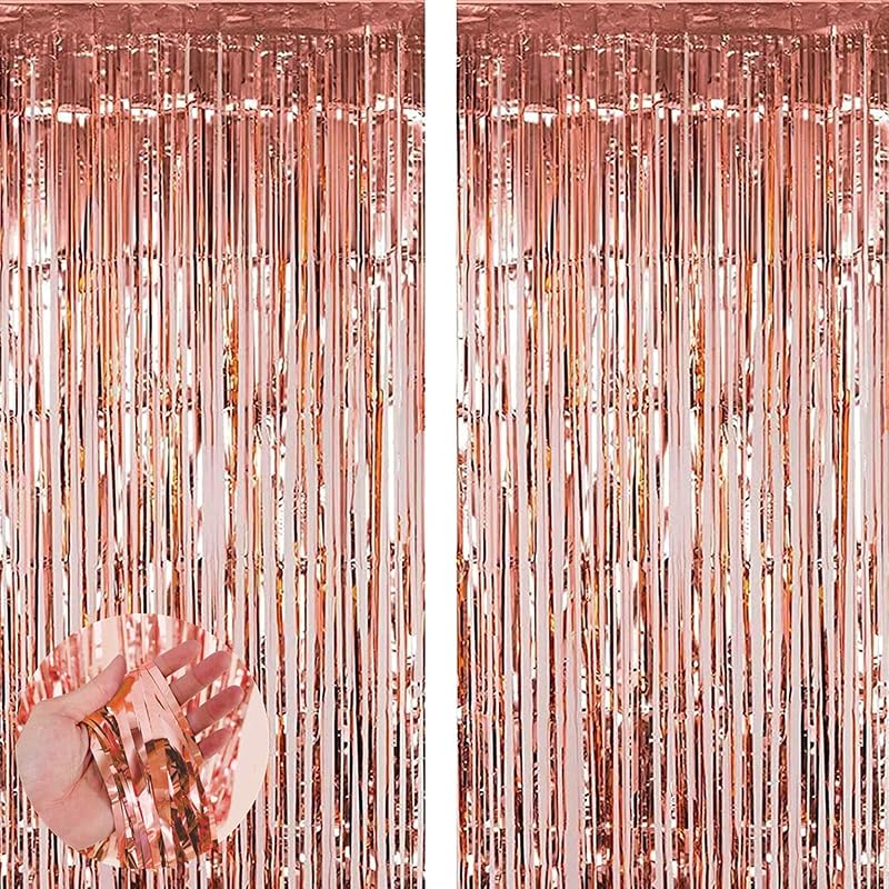 Aisszhao 2 Packs Rose Gold Tinsel Foil Curtain Backdrop 3.2ft x 6.5ft