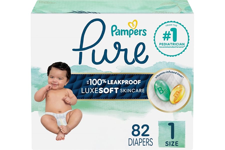 Pampers Pure Baby Diapers, Size 1 (8-14 lbs), 82, Up to 100% Leakproof, Premium Hypoallergenic Soft Diapers