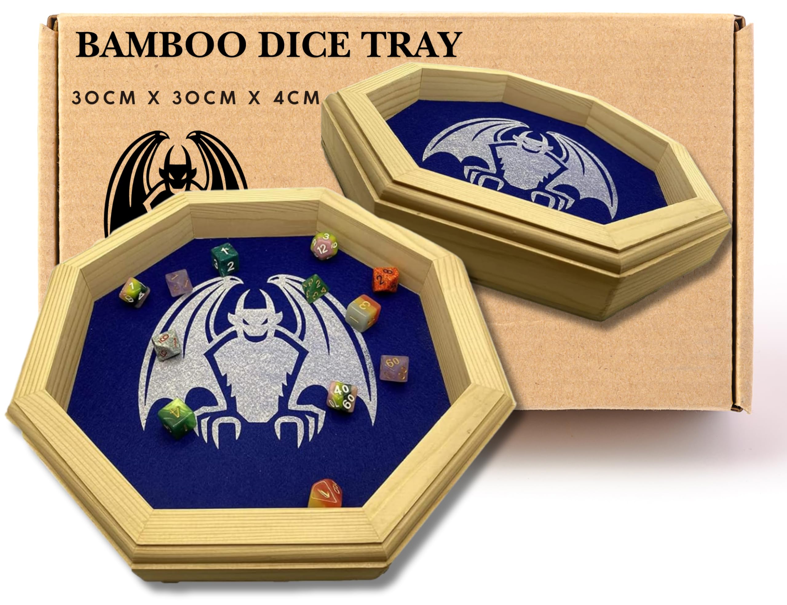 Gargoyle Deluxe Octagonal Bamboo RPG Dice Tray - 30cm Wooden Rolling Tray for Tabletop Games - DnD Dice Accessory with Gargoyle Design