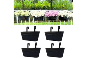 LaLaGreen Outdoor Rail Planter Plants (11.2 Inch, 4 Pack) Black Metal Iron Hanging Flower Pots Deck Railings Fence Buckets Mo