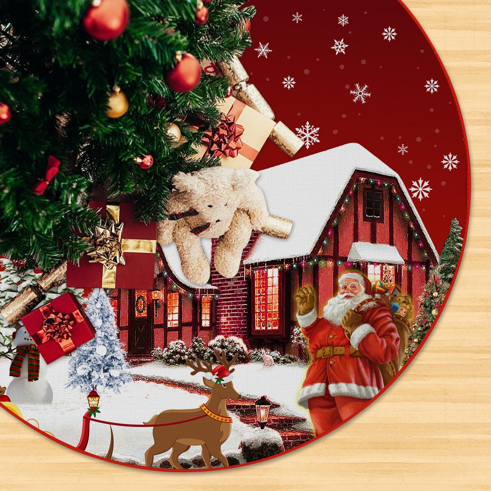 Christmas Tree Skirt Christmas Santa Claus Snowman Tree Skirt Red Xmas Tree Skirts for New Year Holiday Christmas Party Decorations 120cm