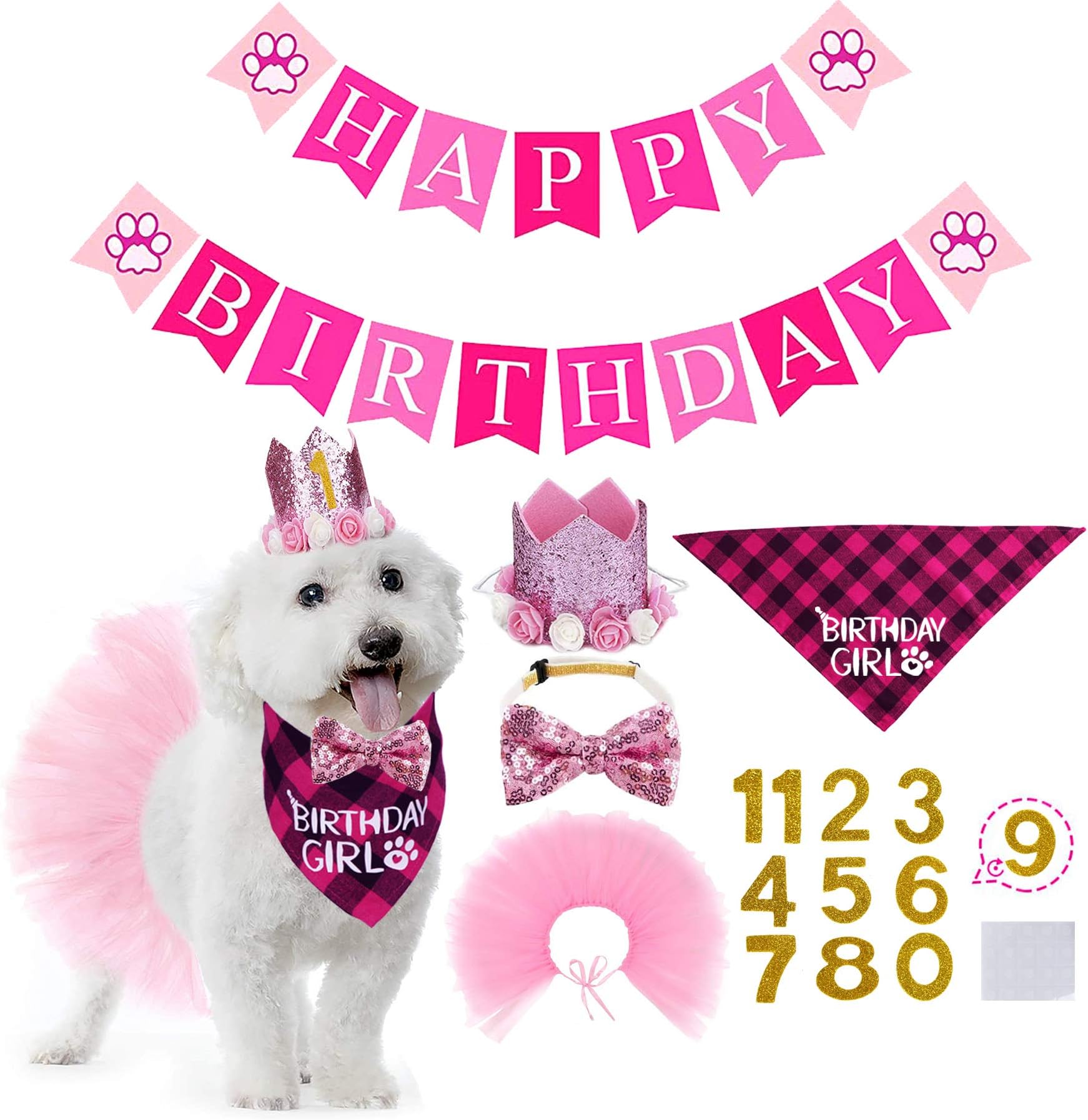 STMK Dog Birthday Outfit Girl, Dog Birthday Bandana Girl Tutu Skirt Birthday Number Crown Hat Bowtie Happy Birthday Banner for Pet Puppy Dog Birthday Party Supplies (Pink)
