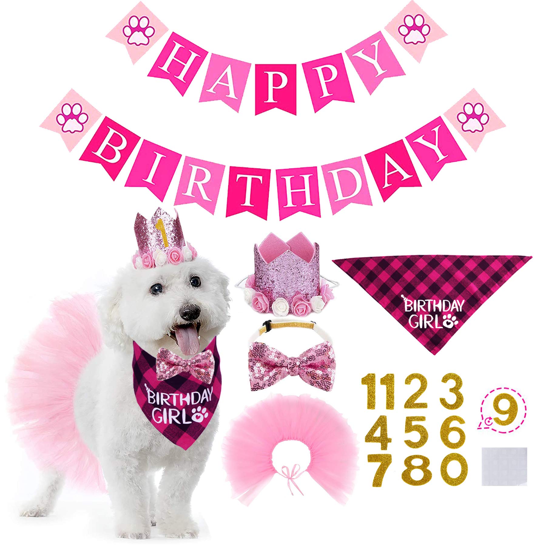 STMK Dog Birthday Outfit Girl, Dog Birthday Bandana Girl Tutu Skirt Birthday Number Crown Hat Bowtie Happy Birthday Banner for Pet Puppy Dog Birthday Party Supplies (Pink)