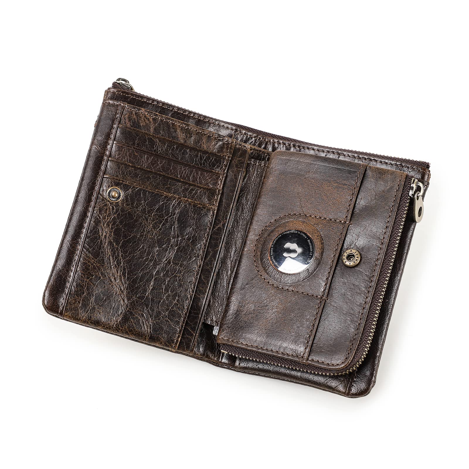 CONTACTS RFID Blocking Mens Wallet,Soft Origin Leather Zip Pocket Wallets for Men,Multifunction Wallet Compatible with AirTag Holder,Credit Card Organizer Bifold Purse (Coffee-M1327), One Size