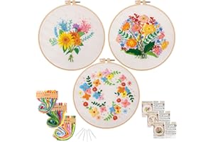 KAMEUN Cross Stitch Starter for Beginners with Stamped Patterns, Embroidery Kits for Adults with Hoops and Color Threads-Punch Needlepoint Funny Hobbies| DIY Crafts for Women - 3 Packs