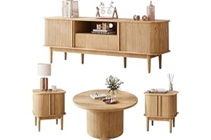 MAISONARIA Living Room Table Sets of 4, Sliding Doors End Table & TV Stand, Wood Coffee Table with Storage, Fluted TV Stand for Bedroom, Living Room (Natural)