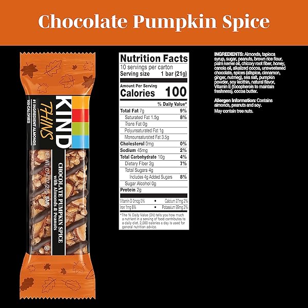 KIND THINS SNACK BARS, CHOCOLATE PUMPKIN SPICE, GLUTEN FREE, LOW CALORIE, HEALTHY SNACKS, 4G SUGAR, 10 COUNT