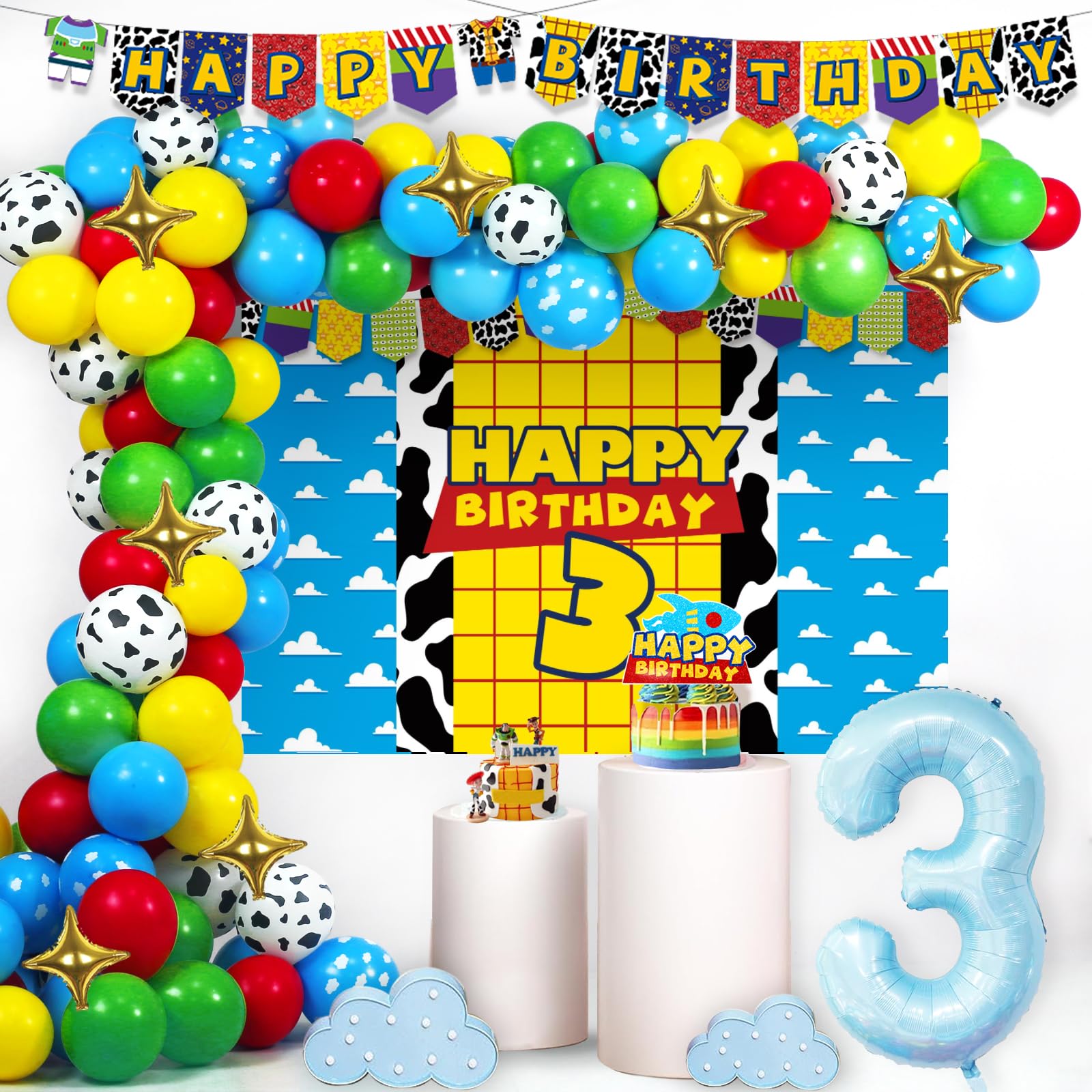 Photo 1 of Party Inspo Cartoon Toy 3rd Birthday Decorations, Blue Toy Themed Inspired Story 3 Party Decorations, Backdrop Balloon Garland Happy Birthday Banner Cake Topper